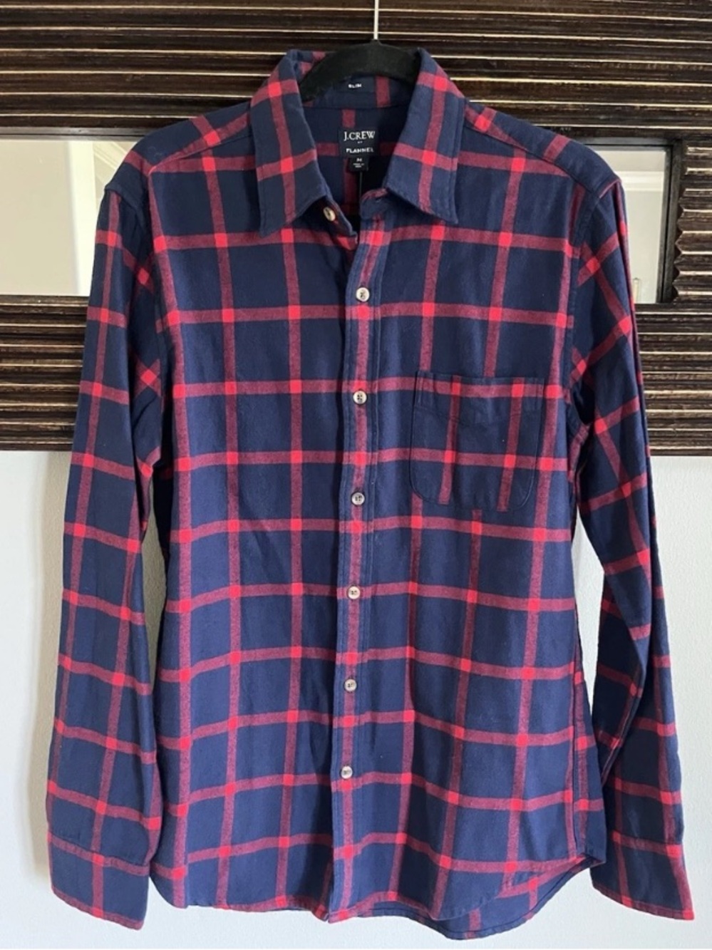 J.Crew Men’s Slim-Fit Plaid Flannel Shirt Navy Blue & Red Medium New